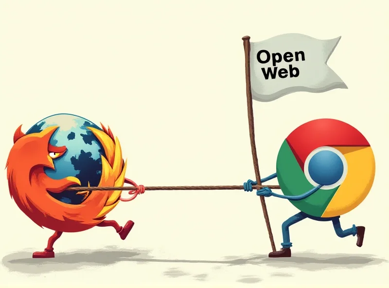 A digital illustration showing a tug-of-war between Firefox and Chrome, with the 'Open Web' flag in the middle.