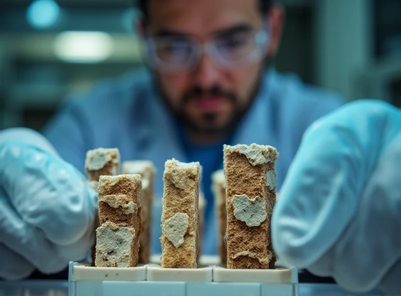 Drill core samples being examined by a geologist in a brightly lit laboratory. The geologist is wearing safety glasses and gloves.