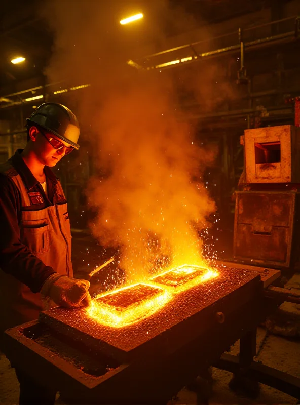 A wide shot of a large gold bar being poured into a mold at a mining facility. Molten gold is glowing brightly, and workers are wearing protective gear.
