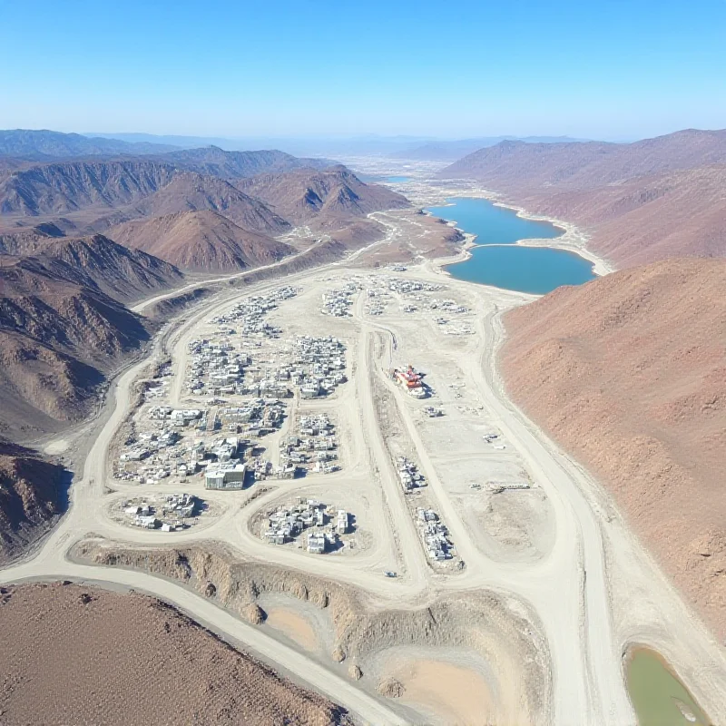 Aerial view of a large silver mine complex, showing open-pit mines, processing facilities, and tailings ponds. The landscape is arid and mountainous.
