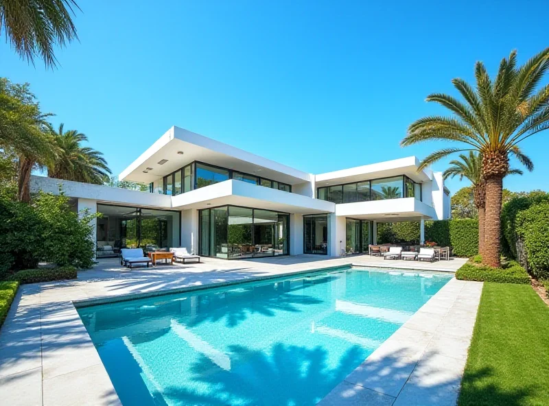 Exterior shot of a luxurious mansion in Los Angeles, with a swimming pool and palm trees.