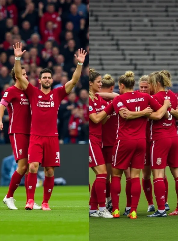 A split image showing the jubilant Liverpool men's team celebrating a goal and the Liverpool women's team looking dejected after a loss.