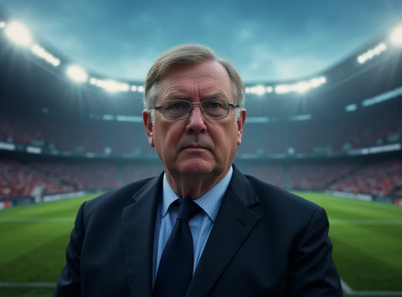A stern-looking government official standing in front of a football stadium, symbolizing the new football watchdog.