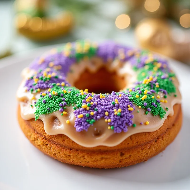 A beautifully decorated King Cake with purple, green, and gold icing and sprinkles.