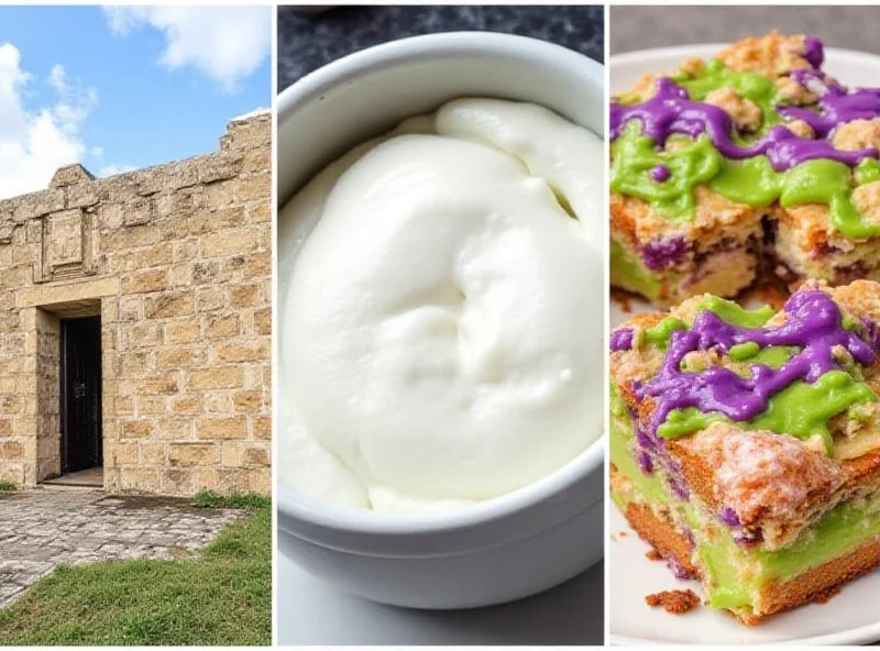 A collage of images showing Fort Knox, sour cream, and a King Cake to represent the various topics covered in the article.
