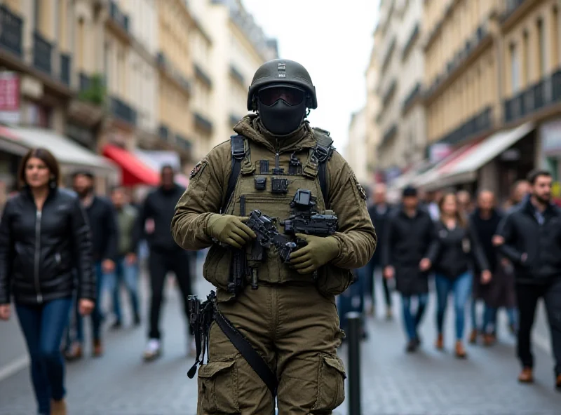 French soldiers on patrol in a city street.