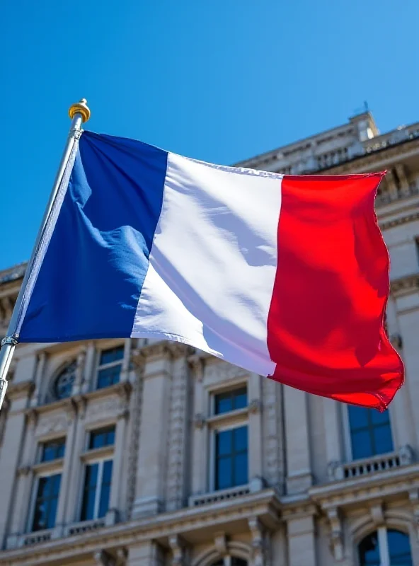 The French flag waving in front of a government building.