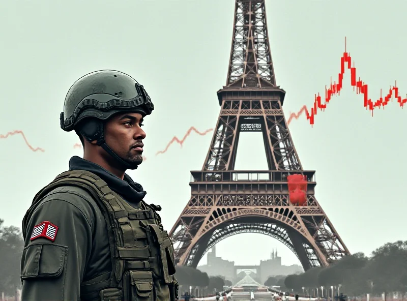 Illustration of a French soldier standing guard in front of the Eiffel Tower, with financial charts overlayed.