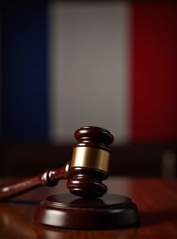 Gavel hitting sound block in courtroom with a faded French flag in the background.