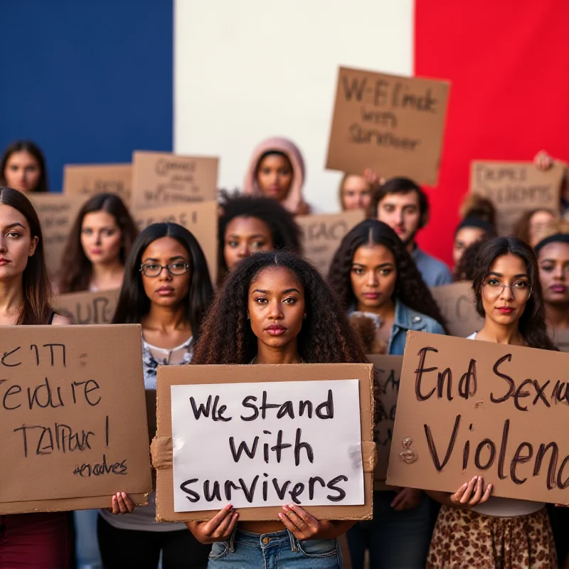 A diverse group of people standing in solidarity, holding signs with messages of support for victims of sexual violence, with a French flag subtly incorporated in the background.