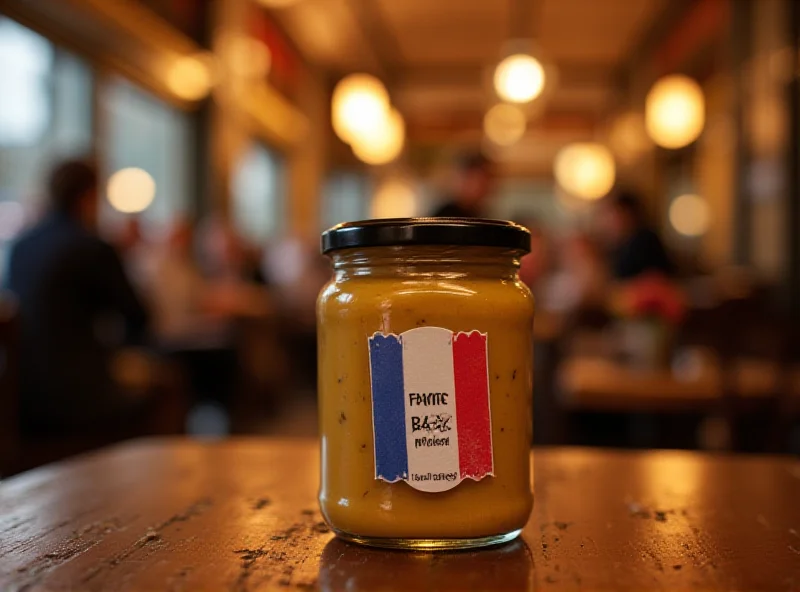 A jar of Dijon mustard with a French flag sticker on it, placed on a table in a Parisian cafe.