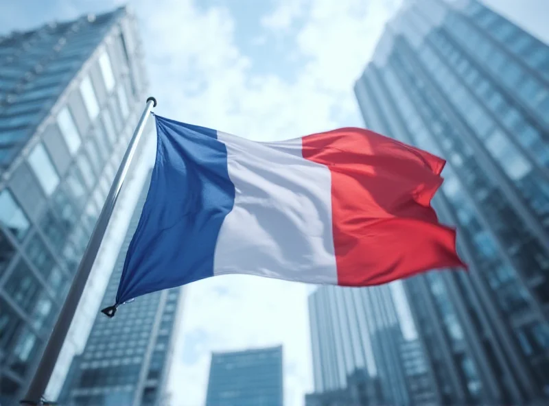 French flag waving in front of a financial district