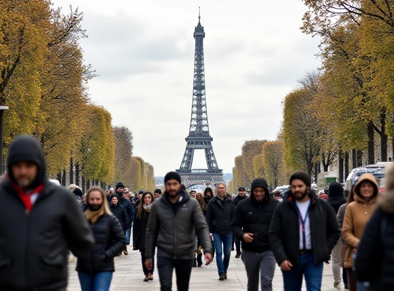 A diverse crowd of people walking down a busy street in Paris, France. The Eiffel Tower is visible in the background.