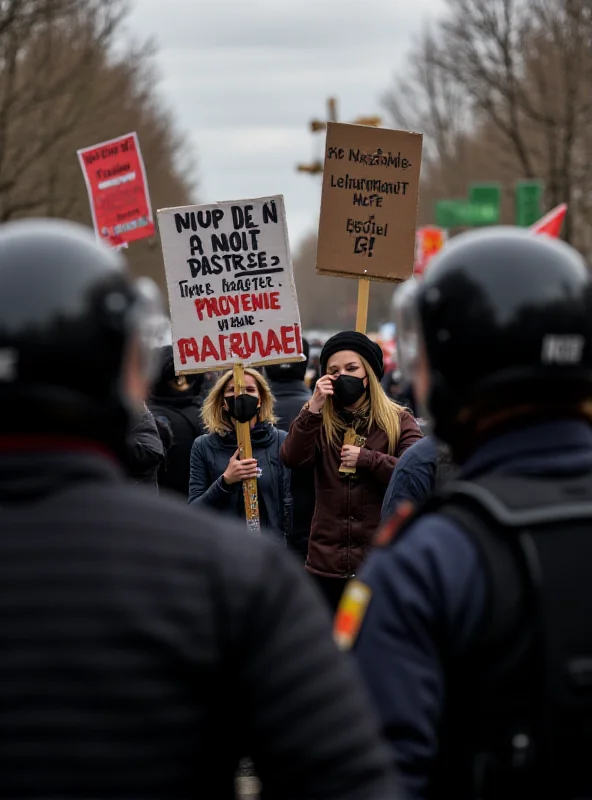 A protest scene with banners and signs, with a blurred background showing police presence. The atmosphere is tense but non-violent.