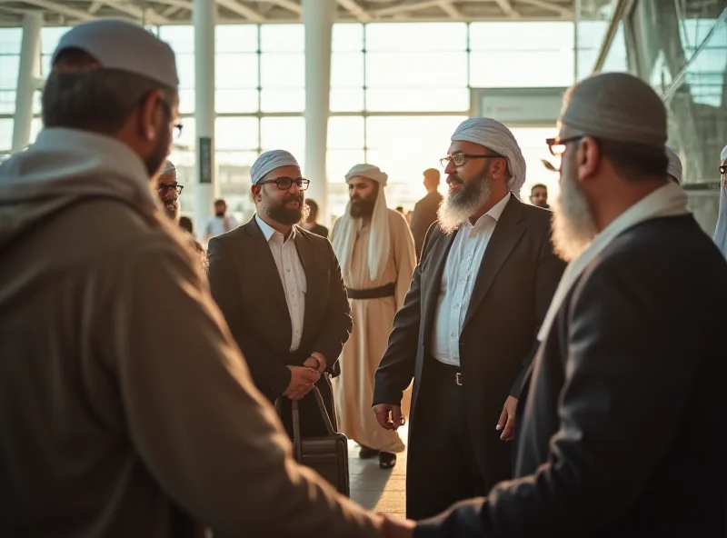 A group of Algerian imams arriving at a French airport, greeted by local Muslim community leaders.