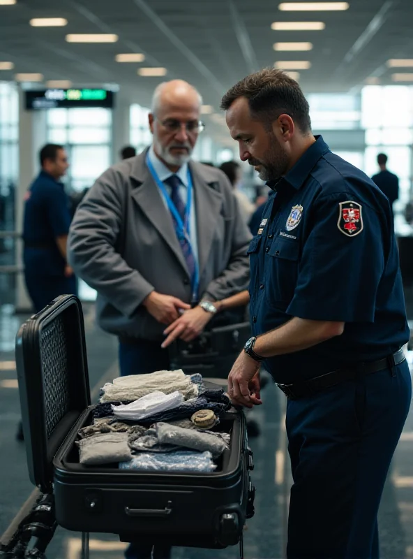 A customs officer inspecting luggage at a French airport, with a focus on discovering hidden drugs.