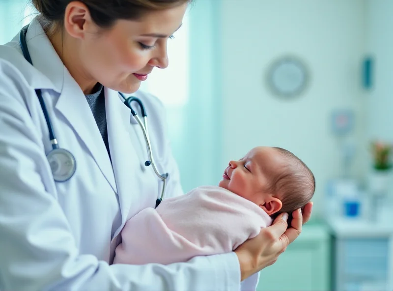 A concerned doctor examines a newborn baby in a hospital setting.