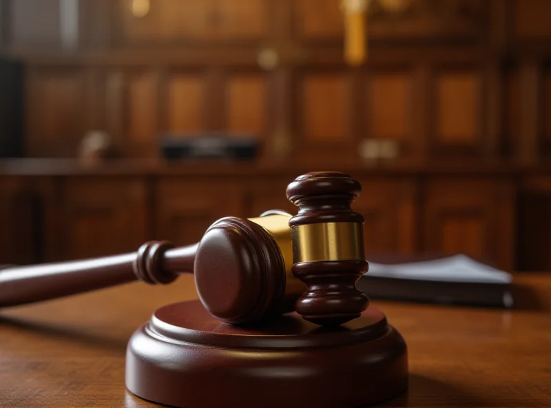 A gavel resting on a wooden block in a courtroom, symbolizing the justice system.