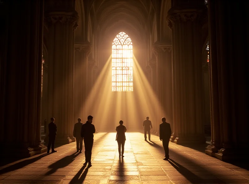 Interior of a grand basilica with sunlight streaming through stained glass windows, silhouetting figures.