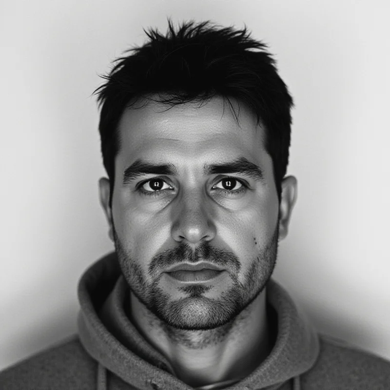 A black and white mugshot of a man with short dark hair and a serious expression.
