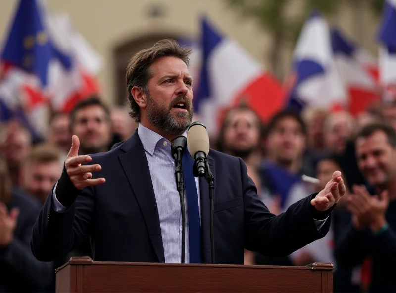 Jordan Bardella giving a speech at a political rally. He is standing at a podium with a microphone, gesturing with his hands as he speaks. The crowd behind him is cheering and waving French flags.