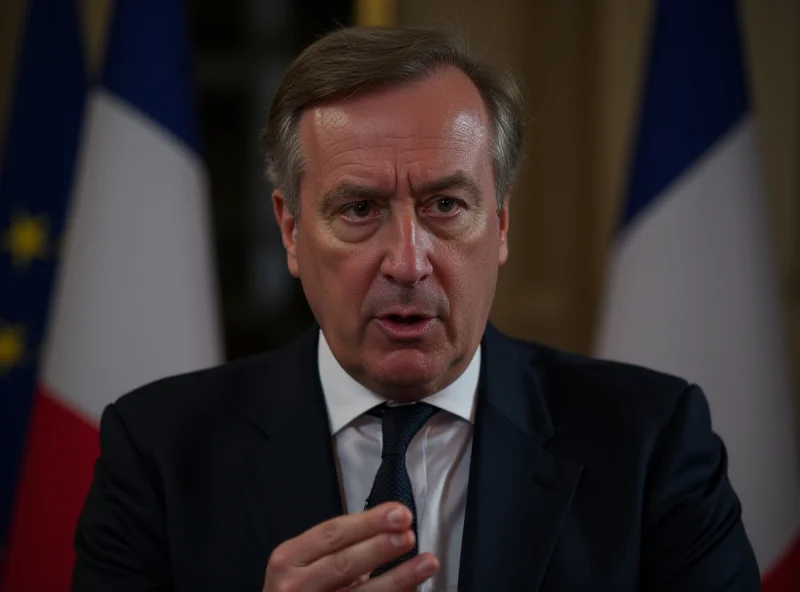 French Prime Minister addressing the press, expressing disapproval, with a serious and determined expression, background featuring the French flag and official government buildings.
