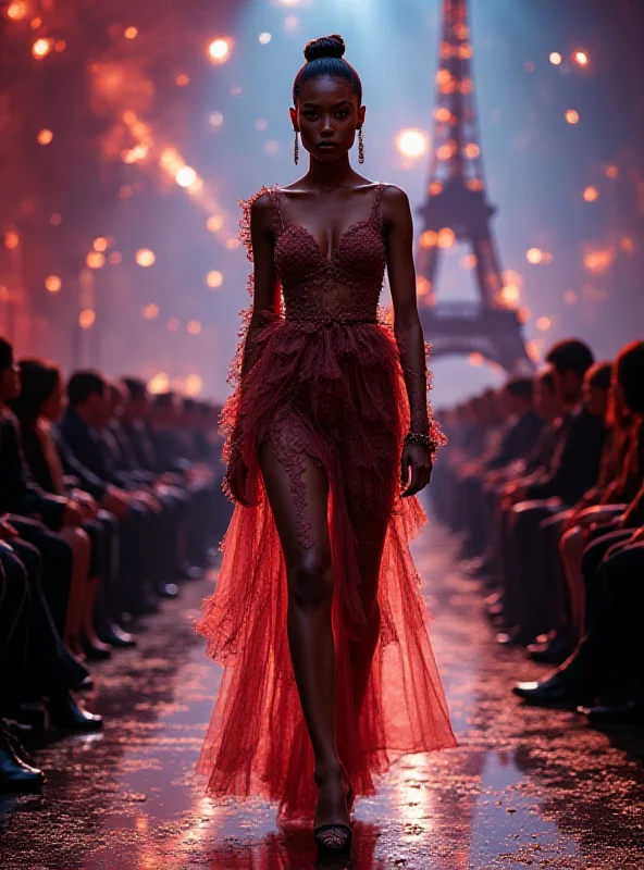 A high-fashion runway show in Paris, featuring a model wearing a cutting-edge design, bright lights, and a captivated audience. The scene conveys the elegance and influence of Parisian fashion.