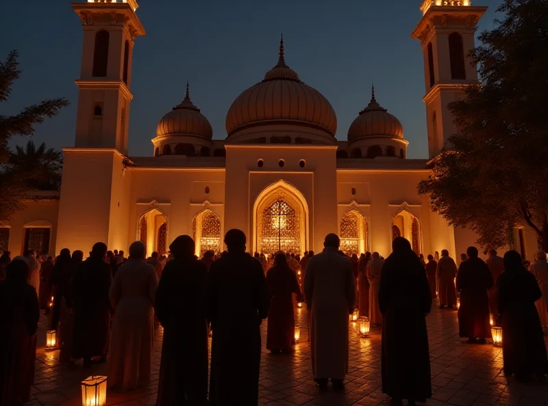 A group of Muslim families gathered outside a mosque in France during Ramadan, after evening prayers, with lanterns illuminating the scene and a sense of community and celebration in the air.