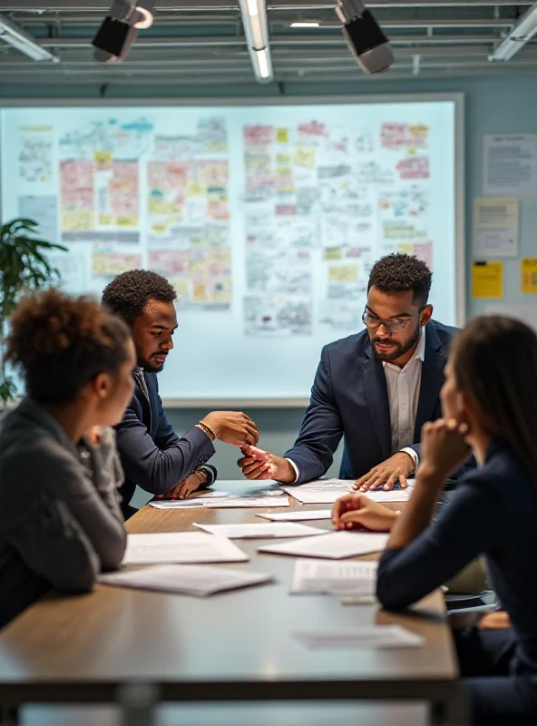 Students collaborating on a project in a modern business school.