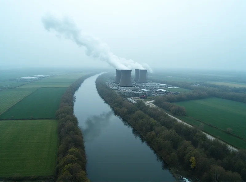 Aerial view of a thermal power plant with cooling towers next to a river. Steam is rising from the towers.