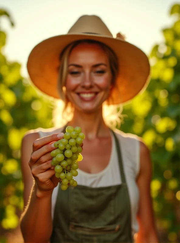 A female farmer tending to her vineyard in Languedoc, France. She is wearing a hat and smiling while inspecting the grapes.