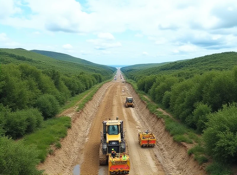 A construction site for a highway with heavy machinery and workers. The background shows a green landscape.