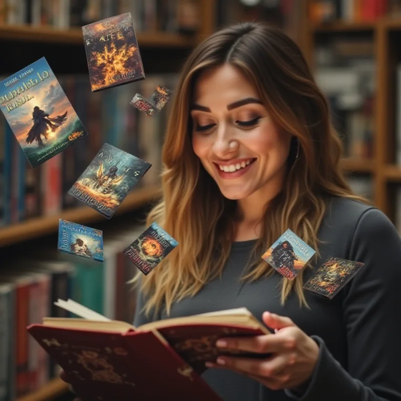 Person holding a Kindle device with a fantasy book cover on the screen