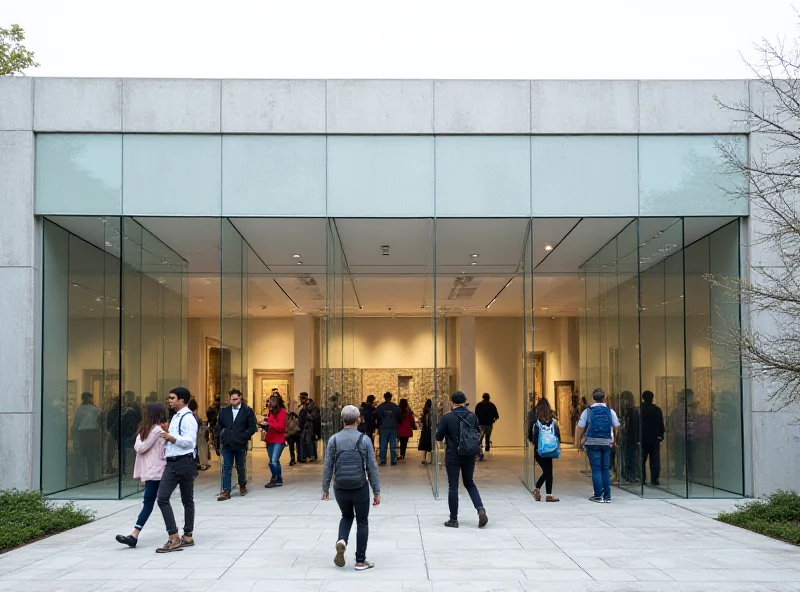 Exterior shot of a large art museum with a modern glass facade and people entering.