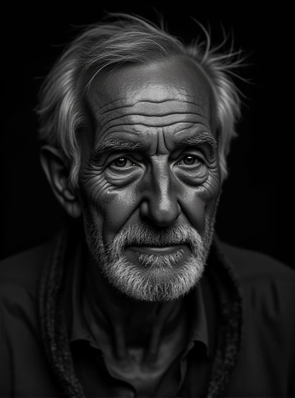 A black and white portrait of a weathered, older man with a kind face but visible signs of hardship.