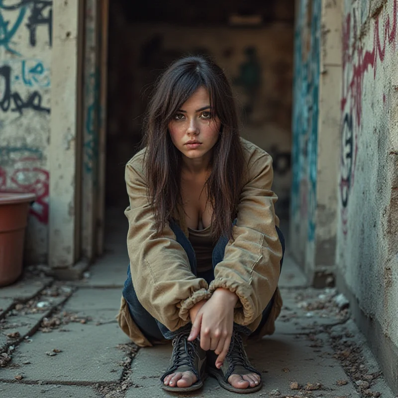 A color photograph of a young woman sitting on a stoop in a run-down urban neighborhood, looking directly at the camera with a mix of defiance and vulnerability.