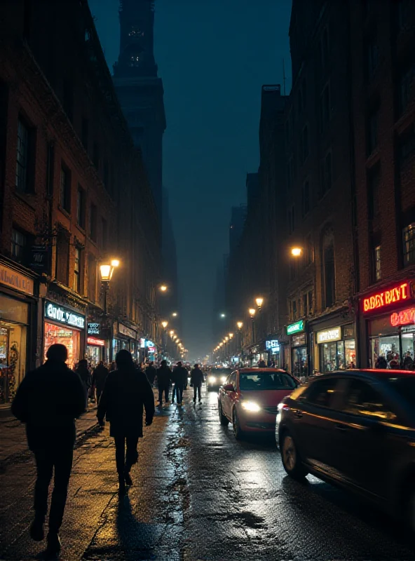 A busy high street at night