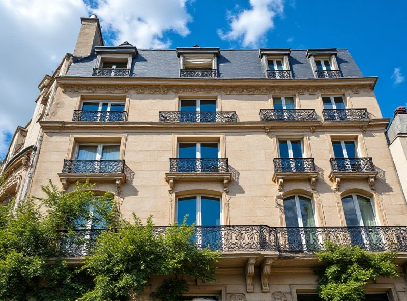 Parisian apartment building exterior with wrought iron balconies on a sunny day.