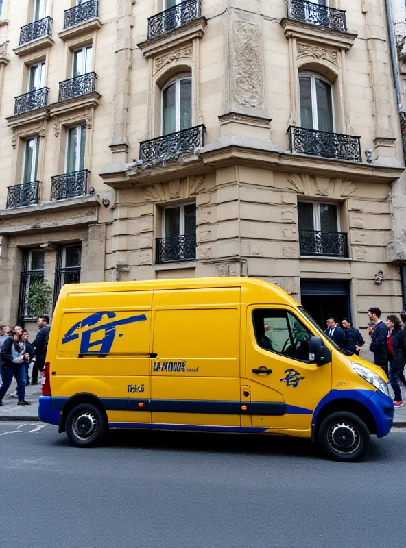 A La Poste delivery van parked on a Parisian street in front of a traditional building.