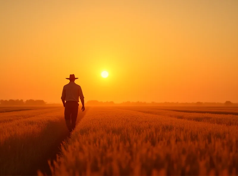 A lone farmer walking through a vast wheat field in the French countryside during sunset. The sky is filled with warm colors.