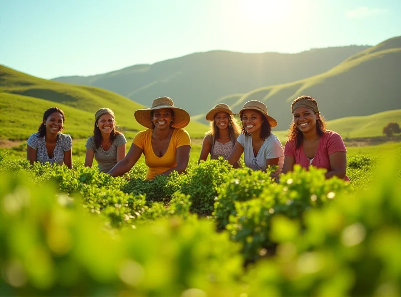 A diverse group of female farmers in a field, smiling and working together. The background shows rolling hills and a sunny sky.