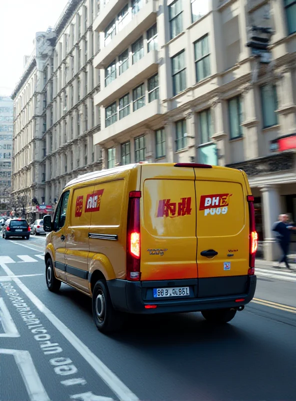 A modern delivery van with the La Poste logo driving down a city street. The background shows office buildings and pedestrian traffic.