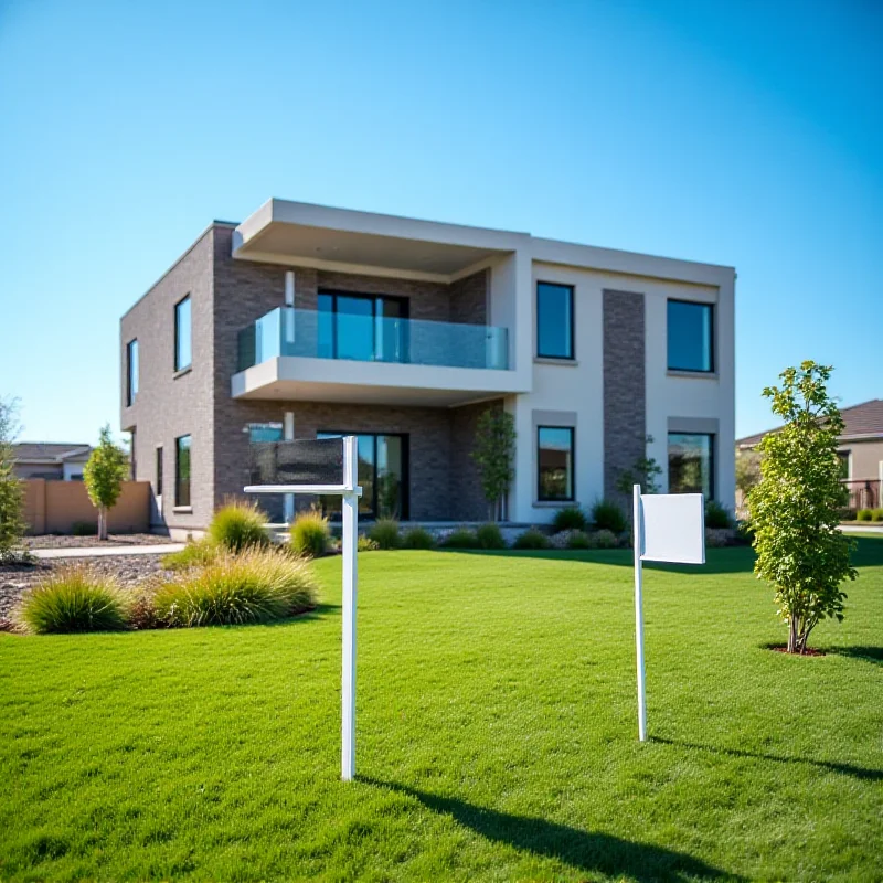 A newly built modern house with a for sale sign in the front yard. The house is surrounded by a well-manicured lawn and landscaping, with a bright blue sky in the background.