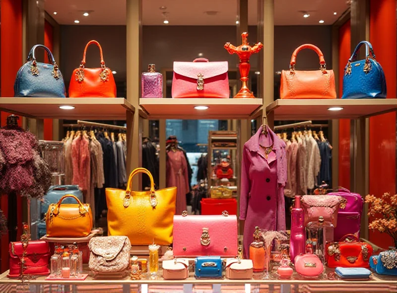 A display of luxury goods, including handbags, cosmetics, and clothing, representing the French luxury industry.