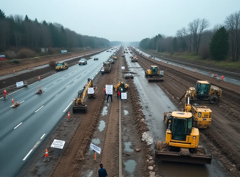 Aerial view of a highway construction site halted with protest signs nearby.