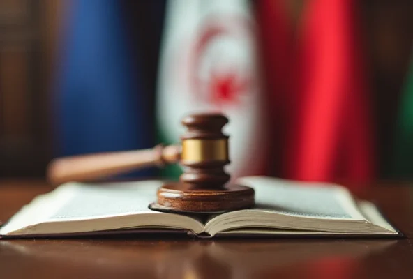 A gavel resting on a book with the flags of France and Algeria blurred in the background.