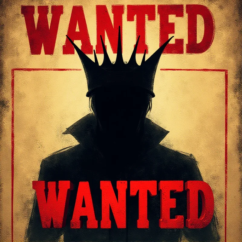 An illustration of a wanted poster with a stylized image of a person with a crown, representing a notorious criminal.