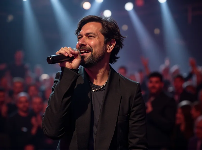 Benson Boone performing on stage with a microphone in hand.