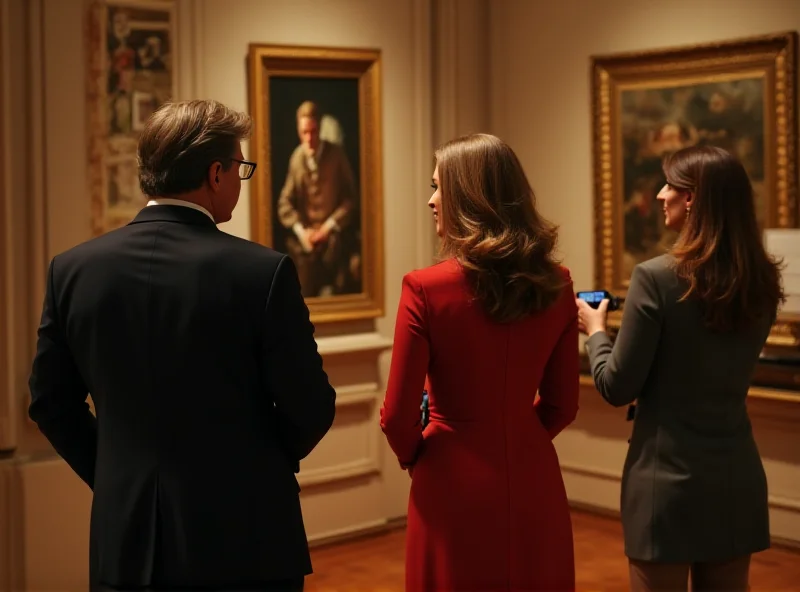 King Felipe VI and Queen Letizia viewing their portraits in an art gallery.