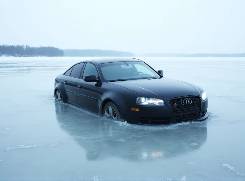 Dark Audi partially submerged in icy water on a frozen lake.